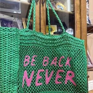 Green Crochet Tote Bag with Pink 'NEVER' Text